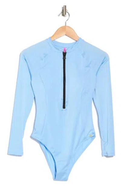 Betsey Johnson Scuba Knit Half Zip Long Sleeve One-piece Swimsuit In Blue