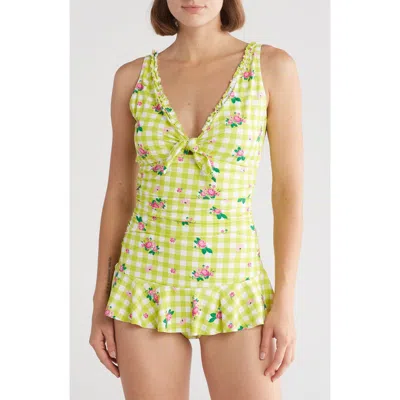 Betsey Johnson Skirted One-piece Swimsuit In Gingham Floral