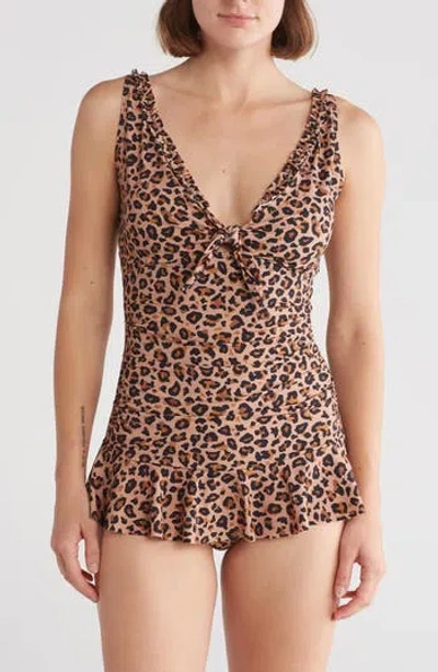 Betsey Johnson Skirted One-piece Swimsuit In Leopard