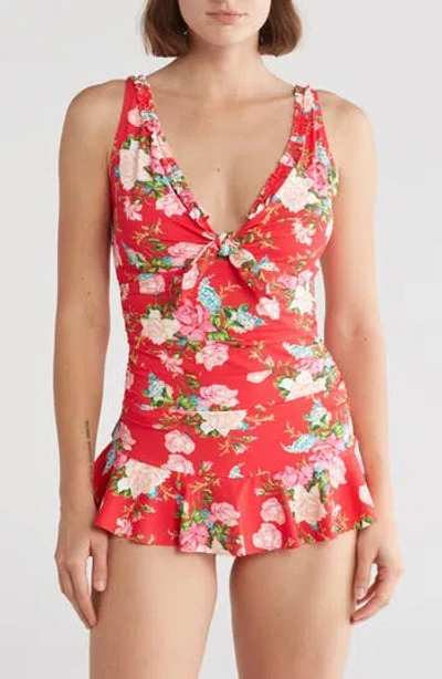 Betsey Johnson Skirted One-piece Swimsuit In Sugar Coral Floral