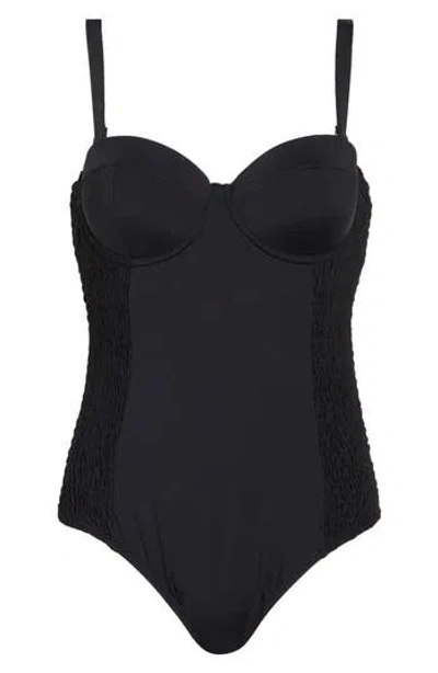 Betsey Johnson Smocked Corset One-piece Swimsuit In Black