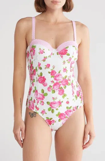 Betsey Johnson Smocked Corset One-piece Swimsuit In Love Always