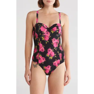 Betsey Johnson Smocked Corset One-piece Swimsuit In Pink Power