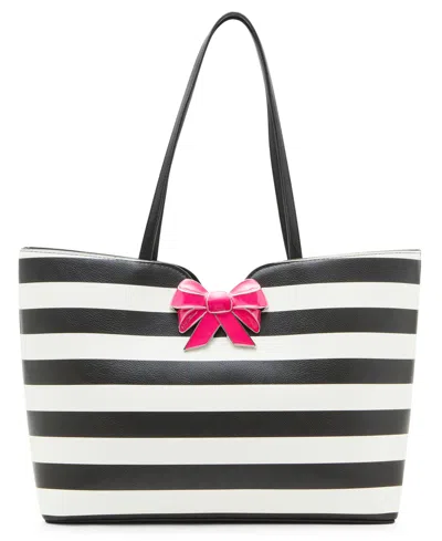 Betsey Johnson Striped Bow Tote In Black,whit