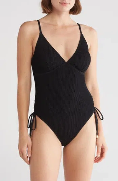 Betsey Johnson V-neck Side Ruching One-piece Swimsuit In Black