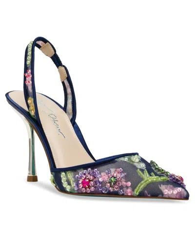 Betsey Johnson Velma Jeweled Mesh Slingback Pumps In Navy Multi
