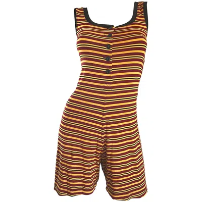 Pre-owned Betsey Johnson Vintage  1920s Inspired 1990s Yellow And Maroon Striped 90s Romper