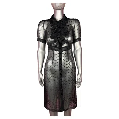 Pre-owned Betsey Johnson Vintage  Black Sheer Midi Dress With Ruffles And Polka Dot Details
