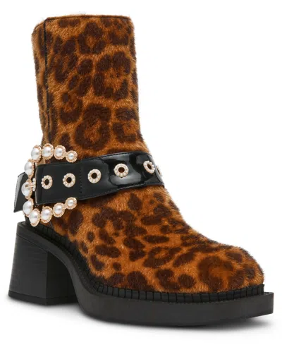 Betsey Johnson Women's Asher Pearl-embellished Strap Square-toe Booties In Brown