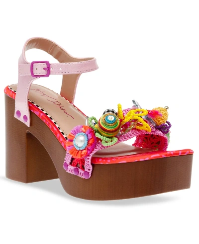 Betsey Johnson Women's Deana Embellished Two-piece Wooden Platform Dress Sandals In Pink Multi