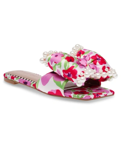 Betsey Johnson Women's Liah Printed Slide Bow Flat Sandals In White Multi