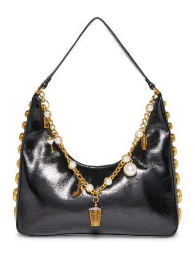 Betsey Johnson You're Pearl-fect Womens Faux Leather Bucket Shoulder Handbag In Black