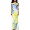 Betsy & Adam Women's Printed Cowlneck Sleeveless Gown In Citrine