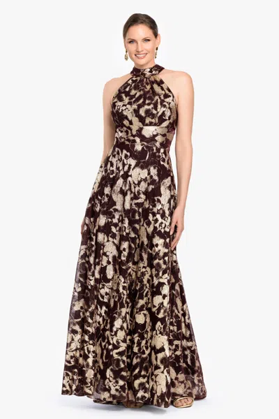 Betsy & Adam "alara" Metallic Halter Neck Long Dress In Multi