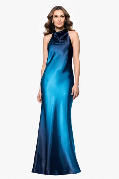 Betsy & Adam "alina" Ombre Cowl Tie Neck Floor Length Dress In Blue
