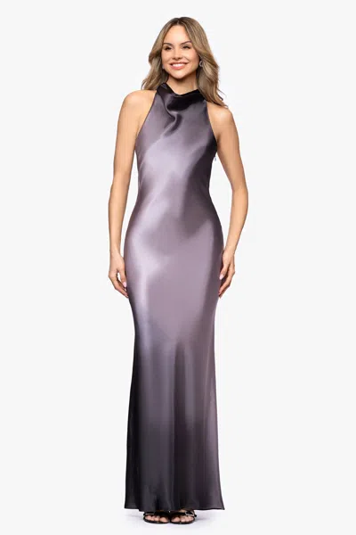 Betsy & Adam "alina" Ombre Cowl Tie Neck Floor Length Dress In Purple