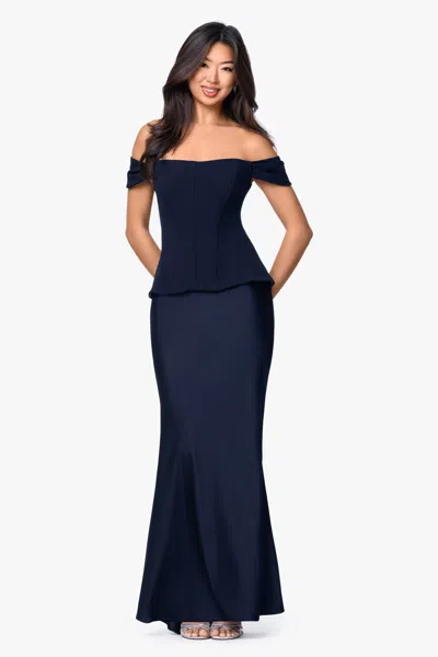 Betsy & Adam "amber" Satin And Scuba Crepe Off Shoulder Floor Length Dress In Black