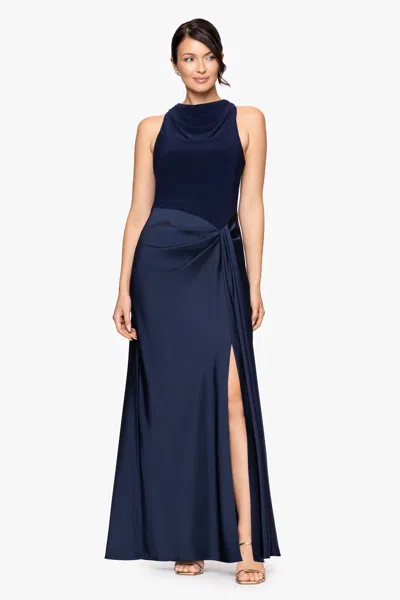 Betsy & Adam "amberlynn" Jersey Knit And Satin Draped Floor Length Dress In Blue