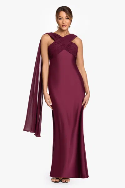 Betsy & Adam "amelia" Satin & Chiffon Scarf Halter Dress In Burgundy