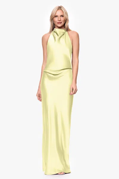 Betsy & Adam "amina" Satin Halter Floor Length Dress In Yellow