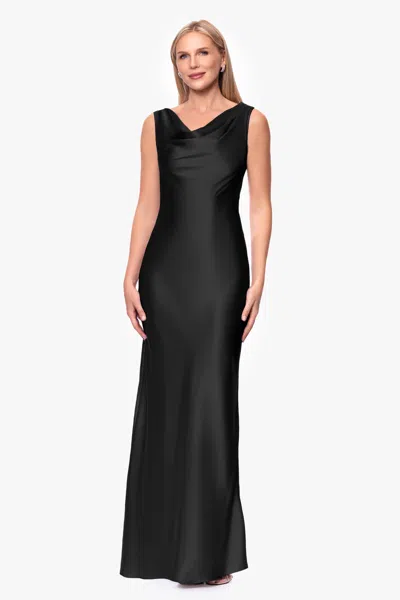 Betsy & Adam Open Back Satin Charmeuse Gown In Black