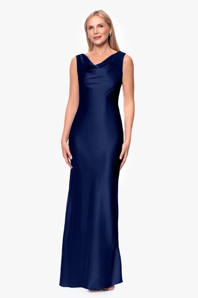 Betsy & Adam Open Back Satin Charmeuse Gown In Blue
