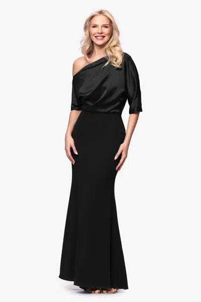 Betsy & Adam "ana" Scuba Crepe Satin Drop Shoulder Floor Length Dress In Black