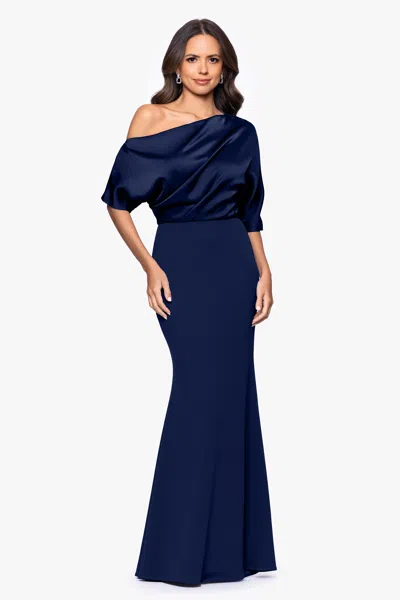 Betsy & Adam "ana" Scuba Crepe Satin Drop Shoulder Floor Length Dress In Blue