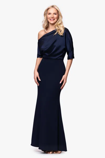 Betsy & Adam "ana" Scuba Crepe Satin Drop Shoulder Floor Length Dress In Blue