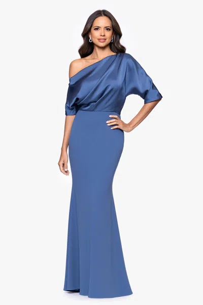 Betsy & Adam "ana" Scuba Crepe Satin Drop Shoulder Floor Length Dress In Blue