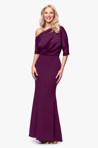 Betsy & Adam "ana" Scuba Crepe Satin Drop Shoulder Floor Length Dress In Purple