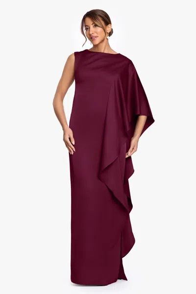 Betsy & Adam "annie" Satin Kaftan Side Ruffle Dress In Burgundy