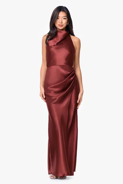 Betsy & Adam "antonia" Satin Cowl Halter Neck Rouched Floor Length Dress In Brown