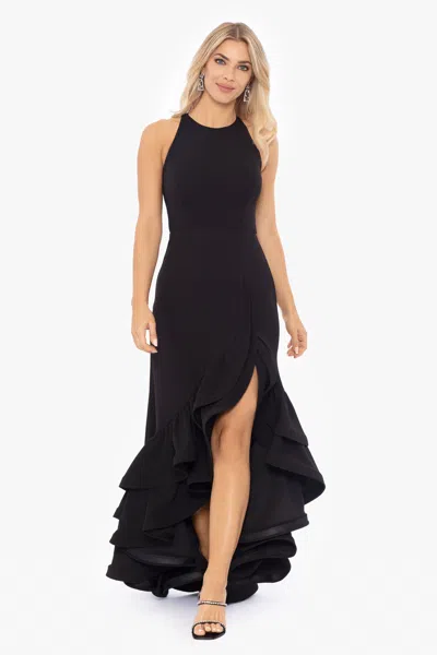 Betsy & Adam "arielle" Scuba Crepe Ruffle Slit Gown In Black
