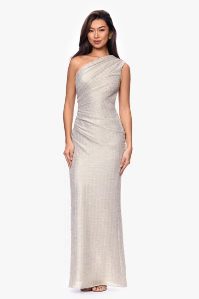 Betsy & Adam "avril" Metallic One Shoulder Rouched Floor Length Dress In Multi