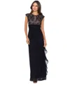Betsy & Adam Lace Bodice Side Ruffle Gown In Black,nude
