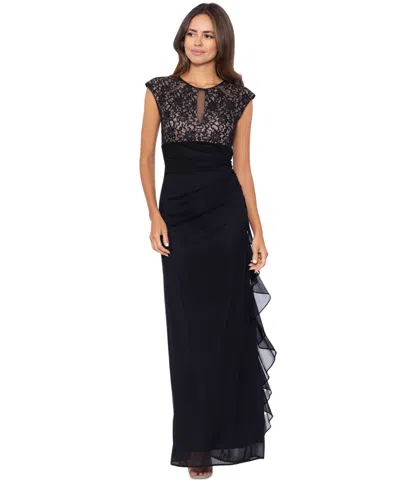 Betsy & Adam Lace Bodice Side Ruffle Gown In Black,nude