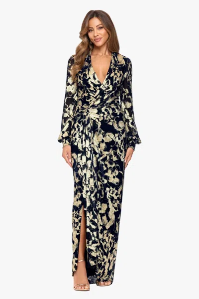 Betsy & Adam "bailey" Crinkle Metallic V-neck Long Sleeve Dress In Multi