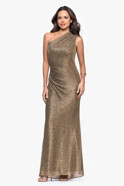 Betsy & Adam "bayley" Metallic One Shoulder Floor Length Dress In Gold