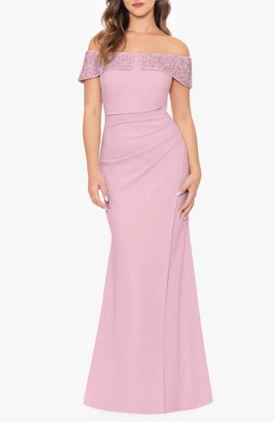 BETSY & ADAM BEAD DETAIL OFF THE SHOULDER SCUBA CREPE SHEATH GOWN