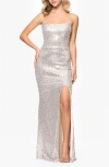 Betsy & Adam Beaded Sequin Strapless Gown In Champagne