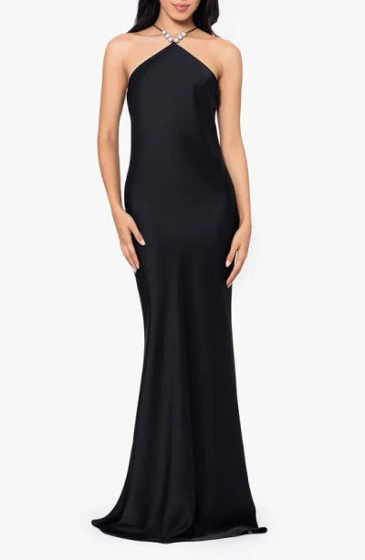 Betsy & Adam Beaded Sleeveless Double Satin Gown In Black