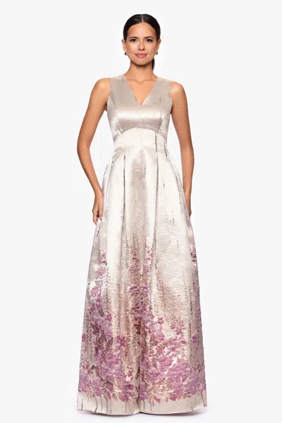 Betsy & Adam "belle" Print Jacquard V-neck Floor Length Dress In Multi