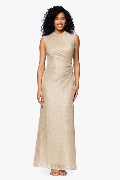 Betsy & Adam "bethany" Crinkle Metallic Rouched Floor Length Dress In Neutral
