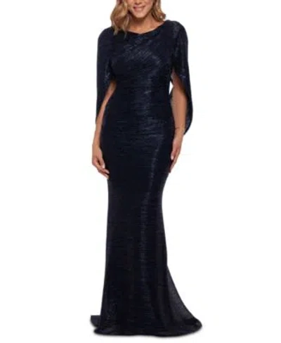 Betsy & Adam Betsy Adam Metallic Cape Gown In Blue
