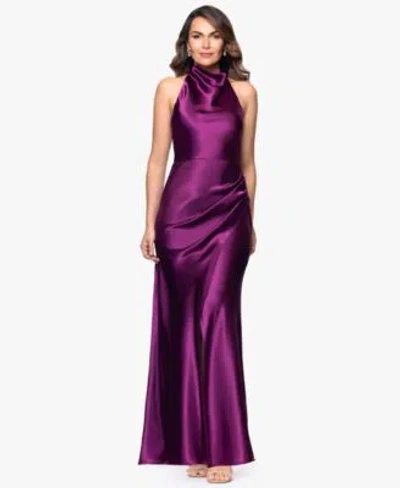 Betsy & Adam Betsy Adam Womens Cowl Halter Neck Charmeuse Long Dress In Plum