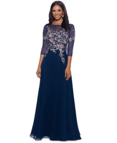 Betsy & Adam Betsy Adam Womens Embroidered 3 4 Sleeve Gown In Black Gold