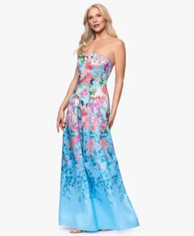 Betsy & Adam Betsy Adam Womens Floral Print Strapless Ball Gown In Blue