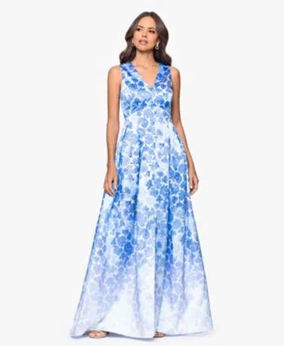 Betsy & Adam Betsy Adam Womens Floral Printed V Neck Gown In Blue