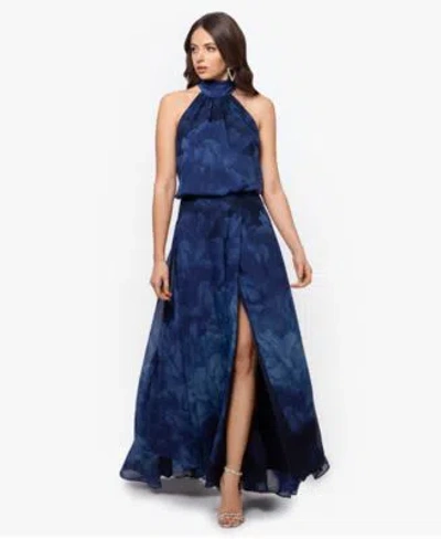 Betsy & Adam Betsy Adam Womens Long Chiffon Print Halter Neck Dress In Blue
